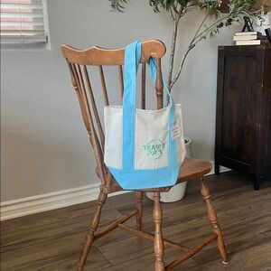Trader Joe's Pastel Blue and Cream Canvas Tote